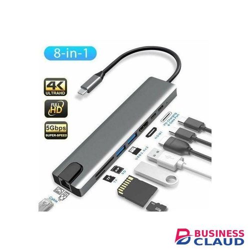 8-in-1 Type-C Hub Adapter - 4K HDMI, RJ45 Ethernet, SD/TF Card Reader, PD Charging