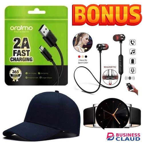 Oraimo BEST HIGH SPEED SYNCING FAST CHARGING USB CABLE BUTTON PHONES & DATA TRANSFER // NORMAL USB CABLE + BLUETOOTH WIRED EARPHONES // EARBUDS //NECK BAND + CAP + WRIST CLASSIC WATCH