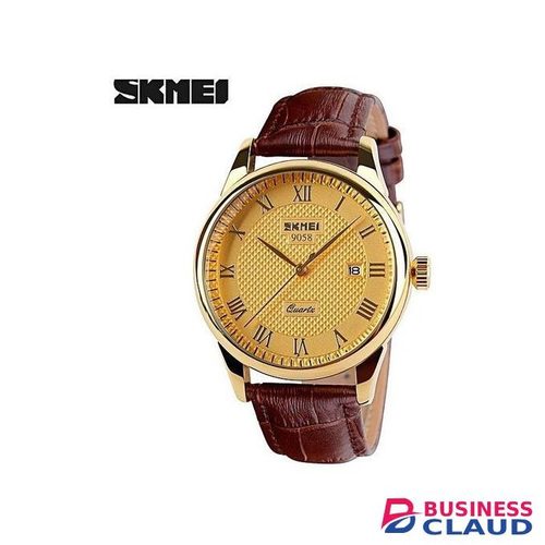 Skmei Brown Leather Strap Wristwatch - Gold Face