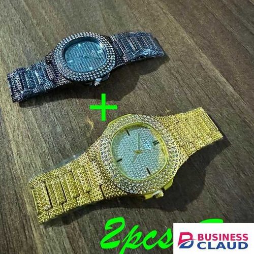 Sekou 2pcs Black & Gold Iced Set of Watches - Quartz Luxury Dial Diamond-Like Crystals Round Dial Studded