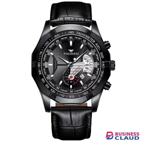 FNGEEN Fashionable Luxury Stainless Steel Luminous Casual Calendar Wrist Watch Leather Black