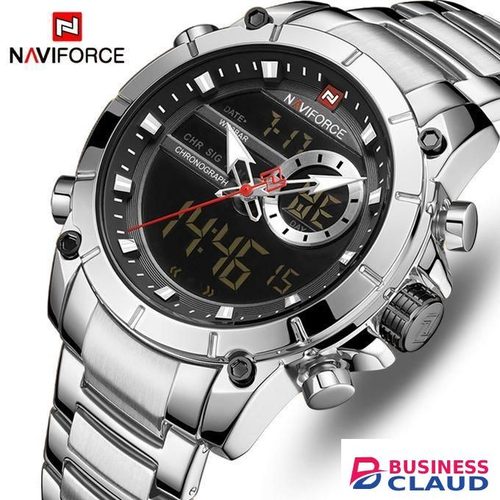 Naviforce Men's Watches 9163 SILVER BLACK Fashion Bracelet Stra Complete Calendar, Date/Day Display