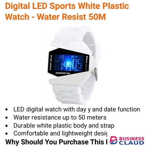 Digital Wristwatch – White Strap, Water Resistant 50M, LED Display, Weekday Tracker - Sports Watch for Men / Women