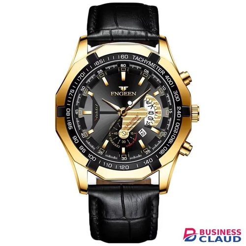 FNGEEN Fashionable Luxury Stainless Steel Luminous Casual Calendar Wrist Watch Leather Black Gold Black