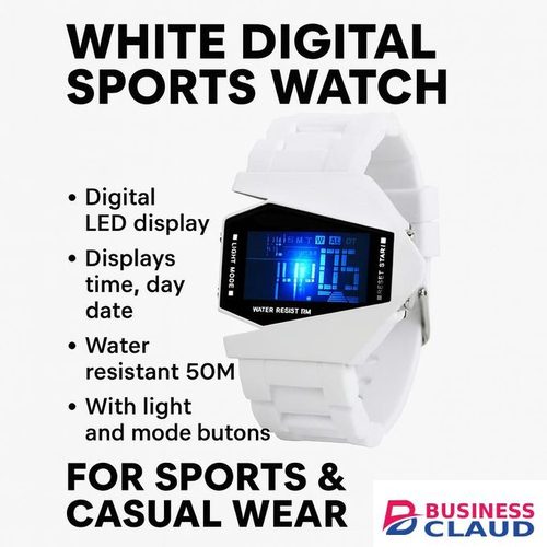 Futuristic Digital Wristwatch – White Strap, LED Display, Weekday Tracker Watch for Men