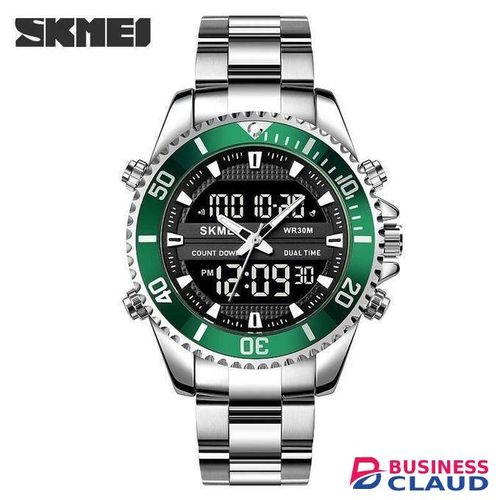 Skmei 1850 digital waterproof Three Time Dual Movement Waterproof Multifunction mens Watch-silver green