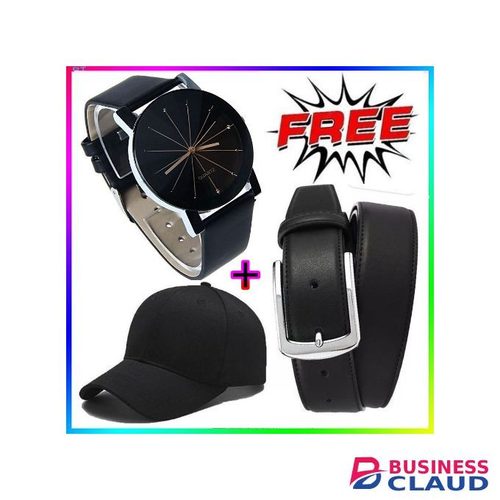 Genuine Men's Buckle Pure Leather Male Belt -Black + Free Cap & Watch