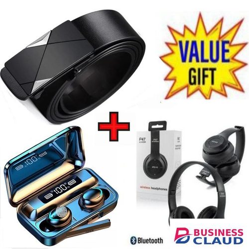 Mens Leather Belt Belts High Quality+ F9 Bluetooth Earbuds+P47 Headphones