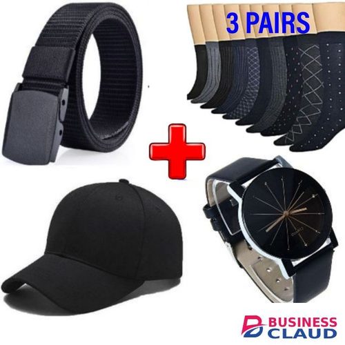 Quality Men Belt For Official Trouser + Cap + Watch + 3 Pairs Socks For Men