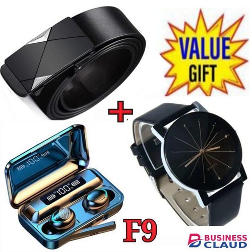 Automatic Buckle leather Belt For official Wears + Watch +F9 Bluetooth Earbuds