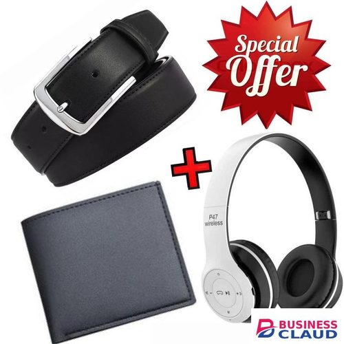 Elegant Black Leather Automatic Buckle Belt For Men's Official Use - Black+Wallet +P47 Headphones