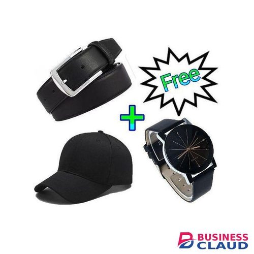 MEN'S BUCKLED LEATHER BELT -BLACK + FREE CAP & WATCH