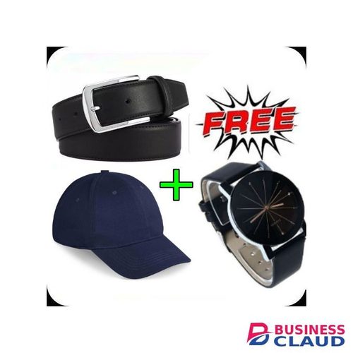 Men's Belt Automatic Pin Buckle Belts - Black + Free Watch & Cap