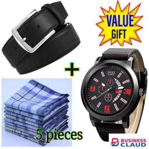MEN'S BUCKLED LEATHER BELT -BLACK + FREE HANDKERCHIEFS & WATCH
