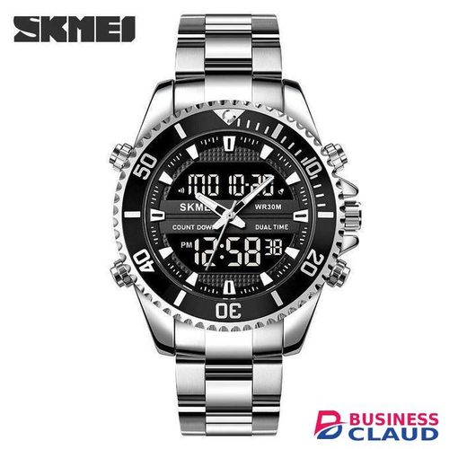 Skmei 1850 digital waterproof Three Time Dual Movement Waterproof Multifunction mens Watch-silver black