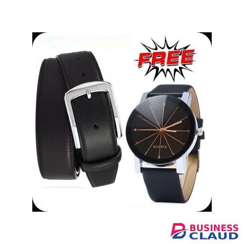 Men's Belt Automatic Pin Buckle Belts - Black + Free Watch