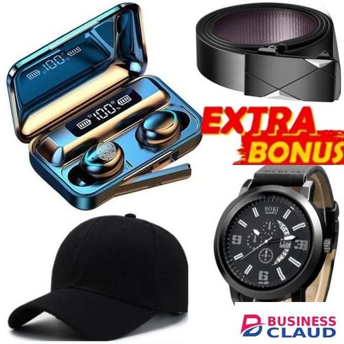 Official Leather Automatic Buckle Belt for Men & Gentlemen + EXTRA BONUS Bluetooth Earbuds, Cap & WRIST WATCH Set & BRACELETS