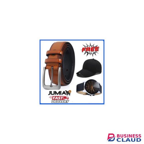 Quality Men Buckle Leather Belt + Free Cap & Watch