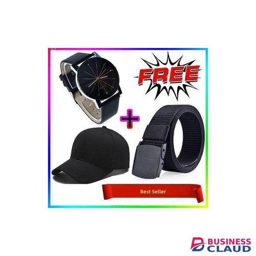 MEN’S QUARTZ DIAL BLACK WRIST WATCH FOR DAILY OFFICE & OFFICIAL WEAR + FREE CANVAS BUCKLE BELT & CAP