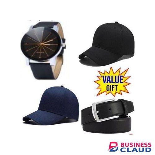 VALUE GIFT SET – 2 PIECES ADJUSTABLE BASEBALL CAPS + MULTICOLOUR BELT & WRIST WATCH