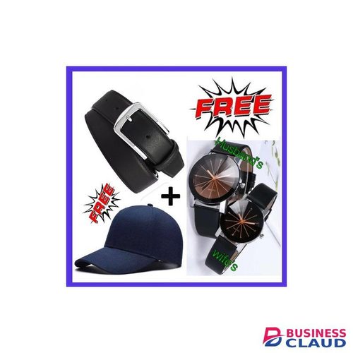 Men Buckle Leather Belt -Black + Free Cap & Couple Watches