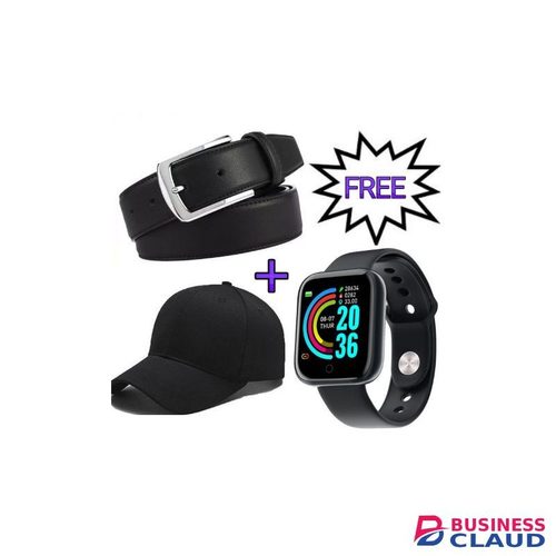 Genuine Men's Buckle Pure Leather Belt -Black + Free Cap & Smart Watch