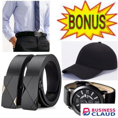Men’s Black Leather Belt – Perfect Formal Accessory // Best Two Belts +GIFTS Cap & Watch, Bracelets