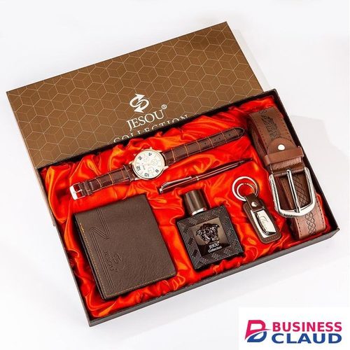 Men Gift set 6 in 1 Quality Watch, leather wallet, leather belt, key holder, perfume and pen_ Brown