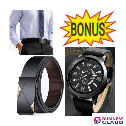 Men’s High Quality Automatic Buckle Belt, Smooth PU Leather Designer Look WITH FREE WATCH, BRACELETS