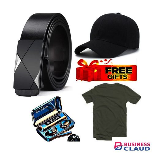 MEN // MAN Leather Automatic Buckle Belt COMFORTABLE BUCKLE OFFICIAL BELT + EXTRA T-shirt Tops Men Clothing Sets TEES SHORT SLEEVES SUMMER LOOSE TSHIRT ASSORTED SIZE + BLUETOOTH EARBUDS & CAP