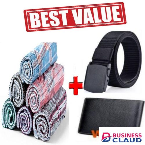 Belt for men + Wallet for men and 6Pcs Pure Cotton Checked Men’s Boxers, Multicolor