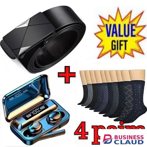 Mens Leather Belt Belts High Quality+ F9 Bluetooth Earbuds + 4 Pairs Of Socks (ASSORTED)