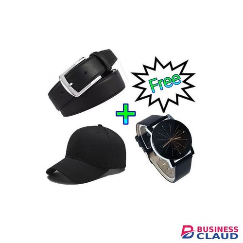 Men Buckle Leather Belt -Black + Free Cap & Watch
