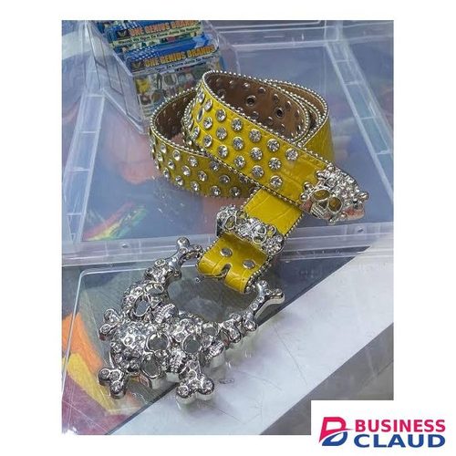 Yellow Skull Studded Faux Leather Belt – Rhinestone Buckle, Punk Rock Style