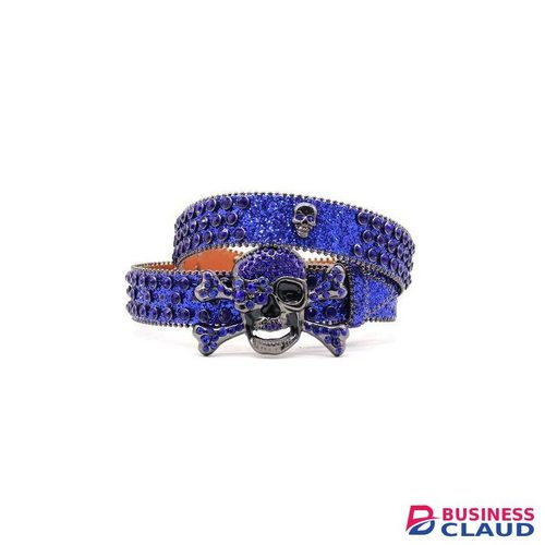 Blue Skull Studded Faux Leather Belt – Rhinestone Buckle, Punk Rock Style