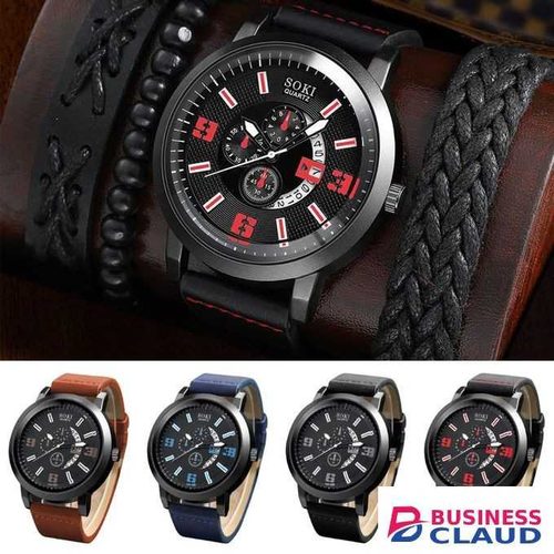 Man Hand Wrist Watch // Business Men Watch PU Leather Strap Sport Watch With Bracelet