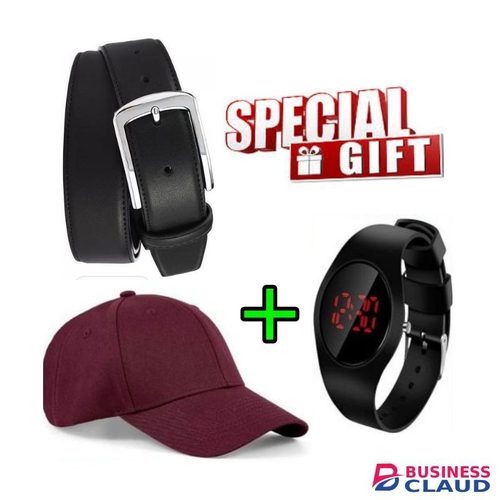 Men's Pin Buckle Leather Belt - Black + Smart Gifts Cap & Classic Watch