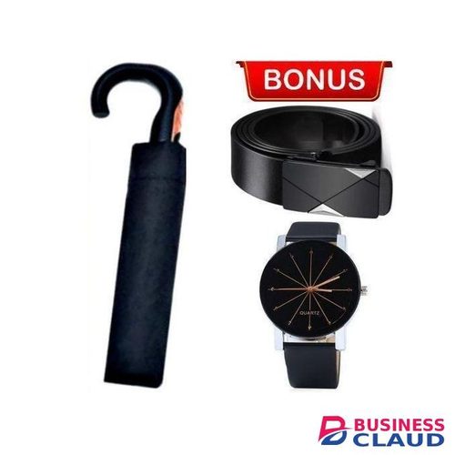REMIUM PORTABLE RAIN & SUN UMBRELLA / ONE-TOUCH OPEN, SMOOTH CURVED HANDLE + GIFT WRIST WATCH & OFFICIAL LEATHER BELT