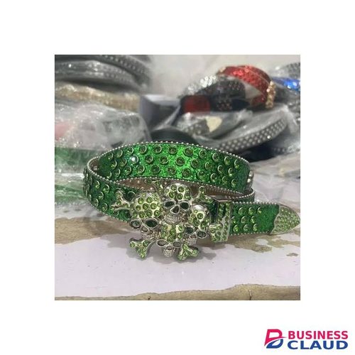 Green Skull Studded Faux Leather Belt – Rhinestone Buckle, Punk Rock Style