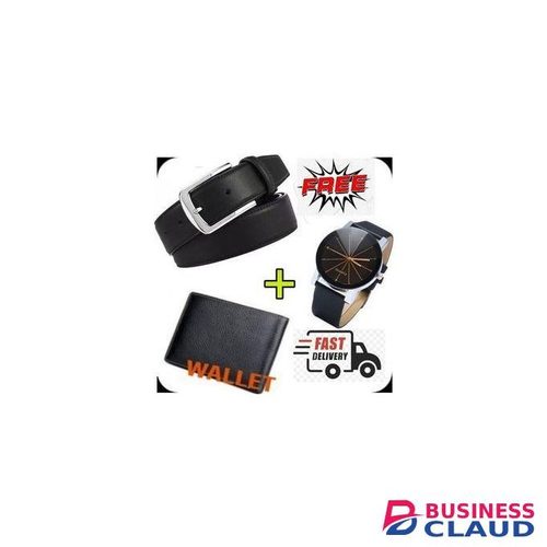 BEST Buckle Pure Leather Belt For Men - Black+Wallet + Watch