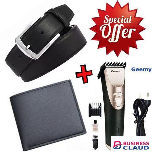 Elegant Black Leather Automatic Buckle Belt For Men's Official Use - Black+Wallet + Rechargeable Hair Clipper