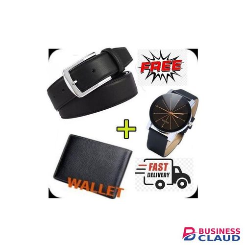 High Quality Men Buckle Leather Belt- Black+Wallet + Watch