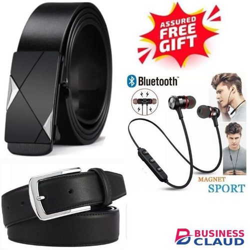 Easy-adjust Buckle Belt Made From Flexible Genuine Leather In Black + BONUS LEATHER BELT & BLUETOOTH EARPHONES // NECKBAND