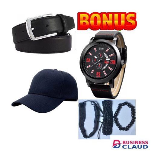Men Watch Business Men Belt Watch Quartz Watch Bracelet Set Hand Wrist Watch With Bracelet Set +EXTRA BONUS LEATHER BELT & CAP