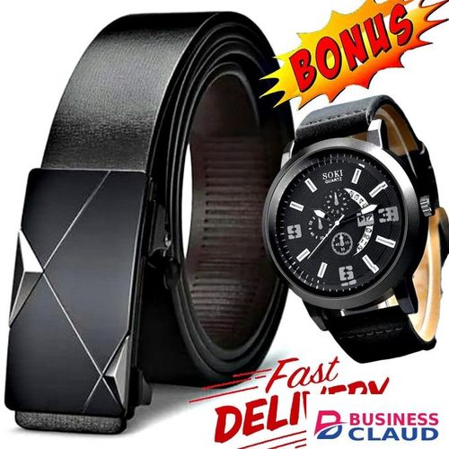 Buckle Leather Belt & Quartz Watch