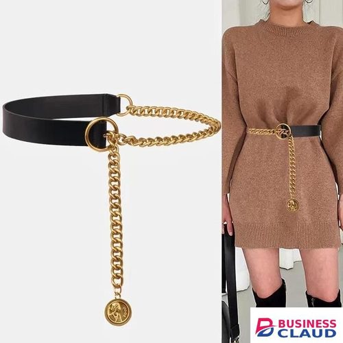 Real Leather Waist Belt Gold Metal Chain Waistband Coat Belt
