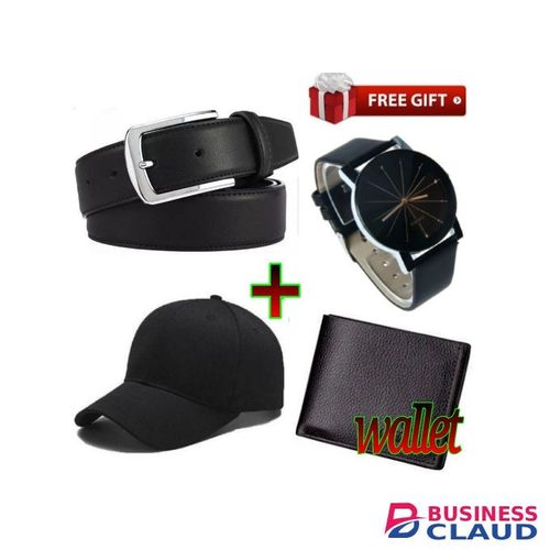 School Affordable Smart Quality Gentlemen Buckle Pin Leather Belt+Wallet + Watch+Cap