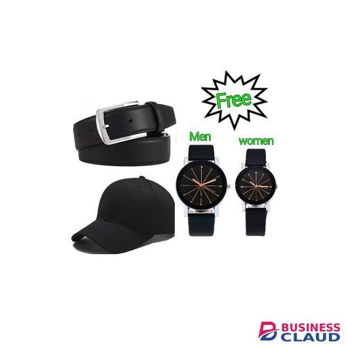 Men's Buckle Leather Belt -Black + Free Cap & Couple//Lovers Watches