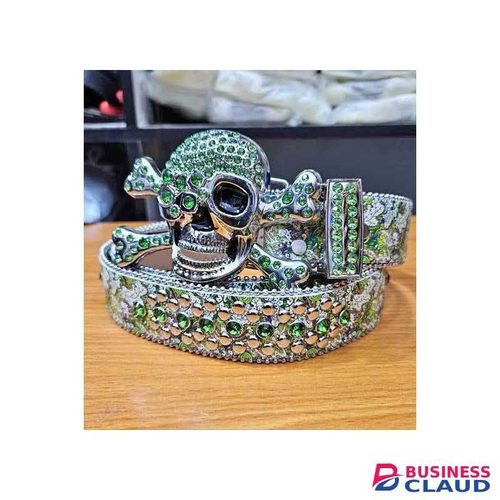 White Skull Studded Faux Leather Belt – Rhinestone Buckle, Punk Rock Style