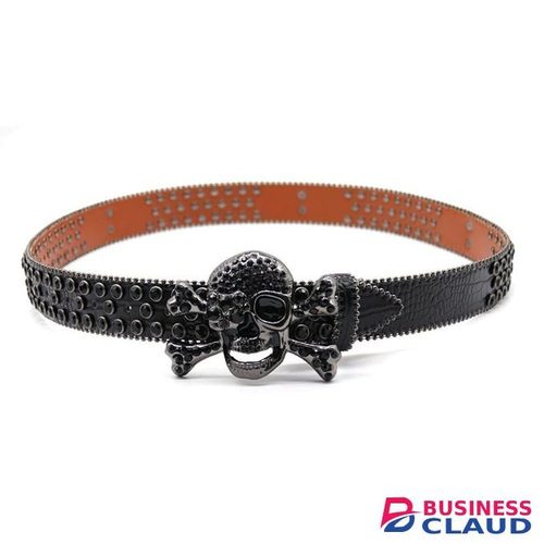 Black Skull Studded Faux Leather Belt – Rhinestone Buckle, Punk Rock Style